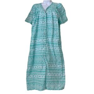 Elegant‎ Emily Duster House Coat Robe Duster Sz L Green Geometric Print Cottage